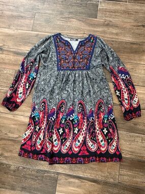 White Mark Paisley Boho Dress with Red & Blue Accents